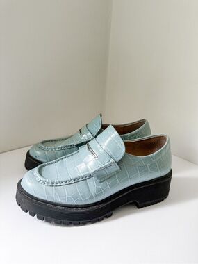 Steve Madden Malvern Chunky Blue Croco Platform Penny Loafers Lug Sole 7